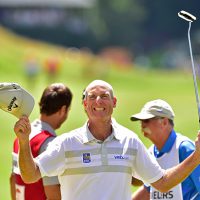 CROMWELL, CT - AUGUST 07:  Jim Furyk of the United States celebrates after shooting a record setting 58 during the final round of the Travelers Championship at TCP River Highlands on August 7, 2016 in Cromwell, Connecticut.  (Photo by Steven Ryan/Getty Images)